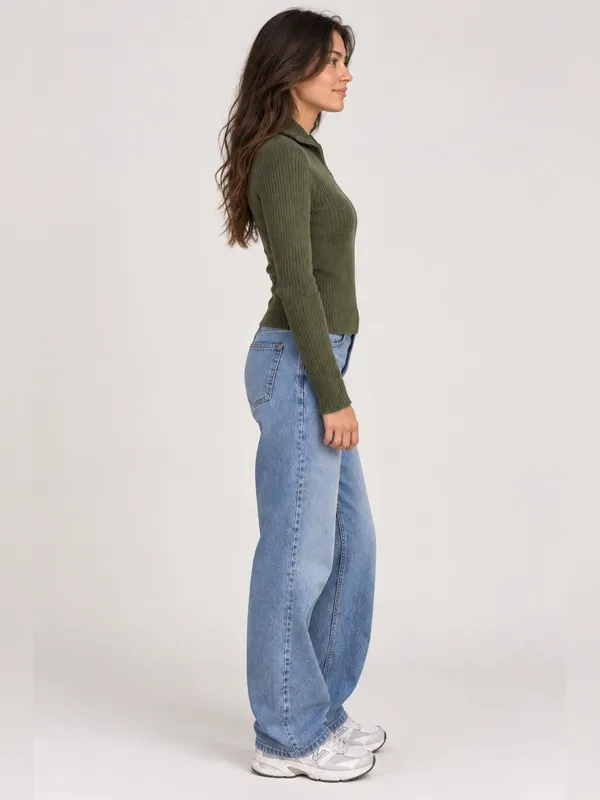 Vintage 90s St. John's Bay Ribbed Quarter Zip Sweater – Olive Green – L - Image 2