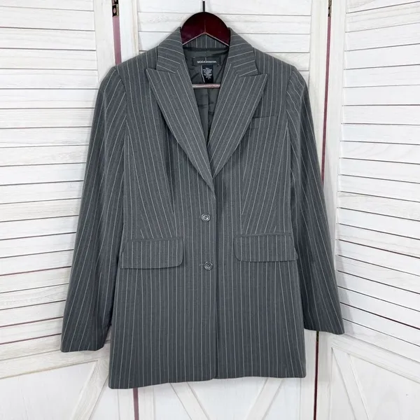Vintage Moda International Pinstripe‎ Long Blazer Jacket Grey Pink 4 - Image 9