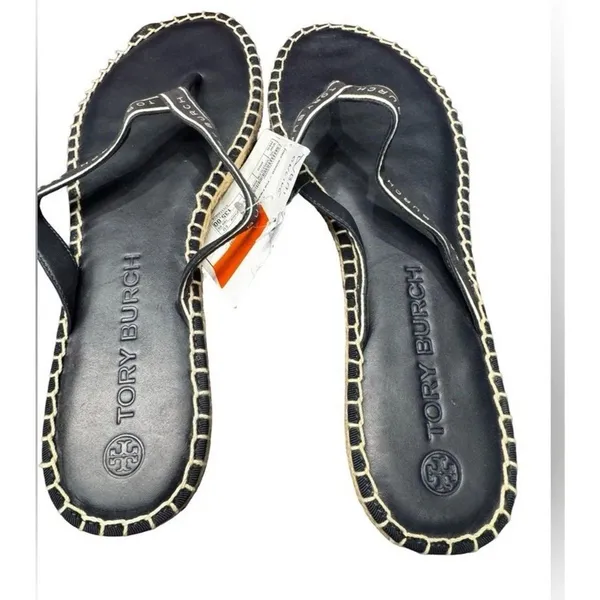 Tory Burch Flat Espadrille Sandals Women’s 11 Black White Logo Strap BNIB - Image 4