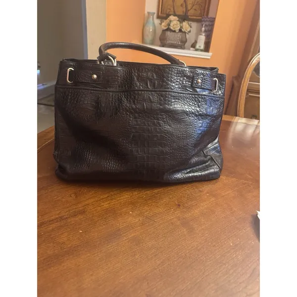 Ann Taylor Black Croc Embossed Leather Purse Silver Hardware - Image 7