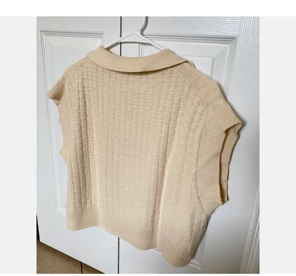 Sz S Fabulous Cap Sleeve Cropped Sweater / Vest Lovely Textured Cream Knit - Image 4