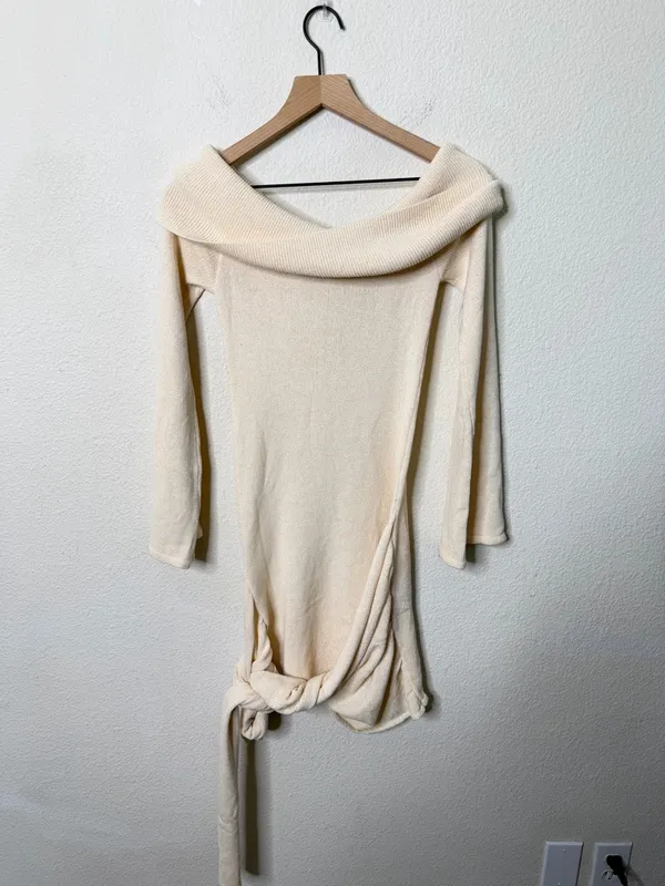 NWT‎ Meshki Camryn Off Shoulder Tie Knit Mini Dress Cream Marle Women’s Size L - Image 9
