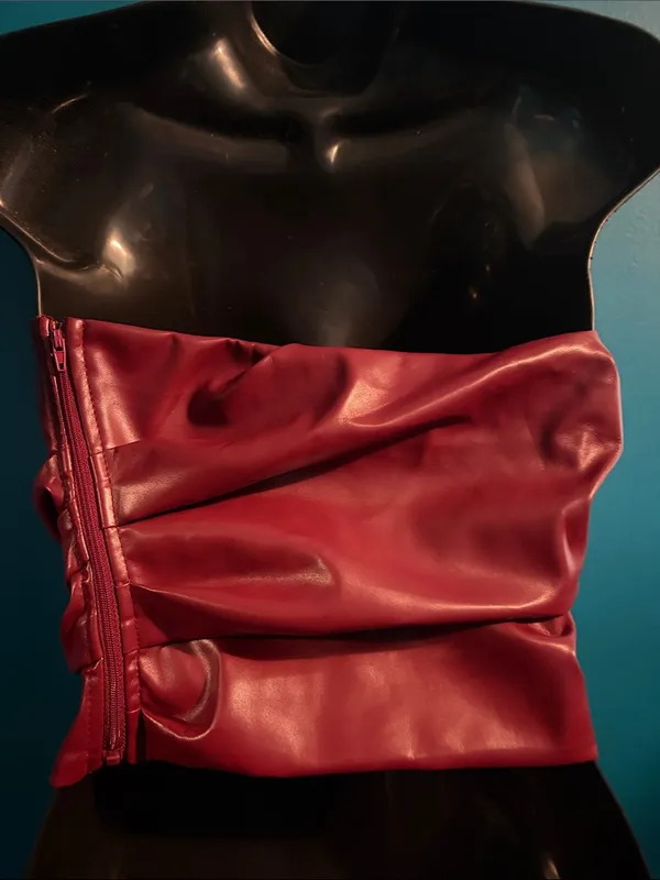 Strapless Draped Faux Leather top in Burgundy - Image 2
