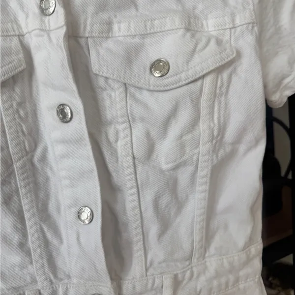 Zara denim playsuit romper button up utility short sleeves white cream collar - Image 6