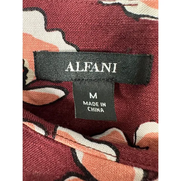 Alfani Linen Floral Burgundy Boho Bohemian Modest High Neck Blouse Size Medium - Image 6