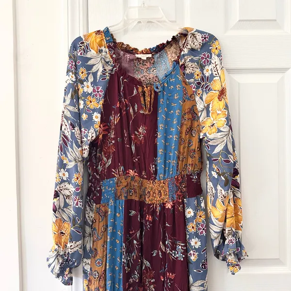 Oddi ODDY Bohemian Patchwork Mixed Print Midi Dress Bishop Sleeve Floral Large - Image 3