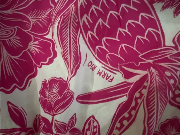 Farm Rio Tropical Woodcut Dress Pink Floral Appliqué Lace Resort Wear Smocked L - Image 13