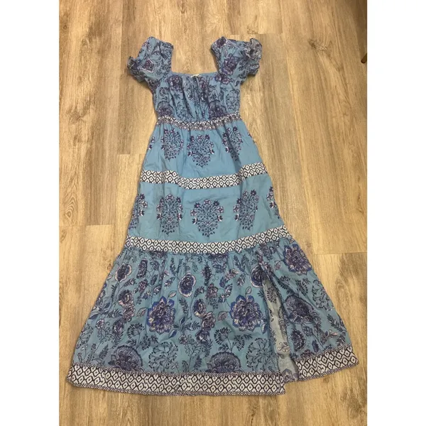 Celina Moon Blue Floral Cotton Tiered Midi Dress Smocked Boho‎ Size Small - Image 2