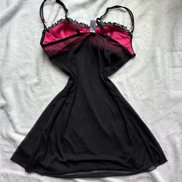 Black micro mesh & hot pink lining floral cami top / nightie slip dress lingerie - Image 3