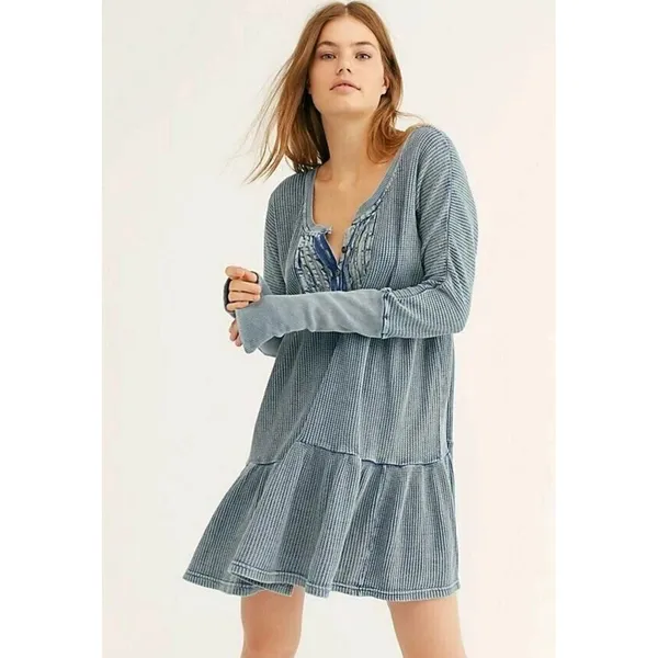 Free People FP One Dress Jolene Thermal Mini Dress Waffle Blue Size ‎ XS - Image 3