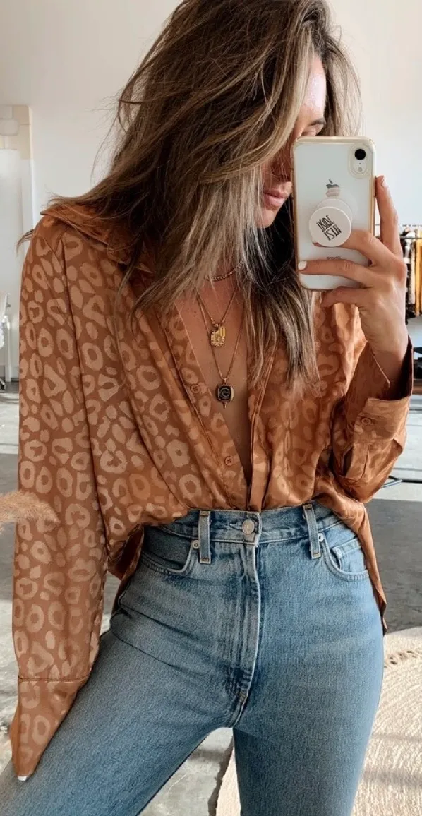 12th Tribe Gold Rush Leopard Satin Blouse Top - Image 3