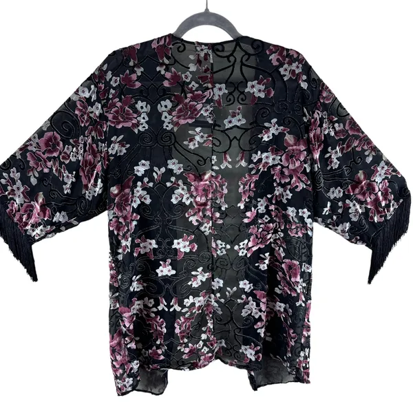 MB Design NWT Floral Velvet Sheer 3/4 Fringe Sleeve Lightweight Open Blouse Sz S - Image 2