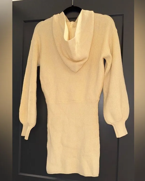 Long Sleeve Sweater Hooded Puff Sleeve Knitted Mini Dress - Image 5