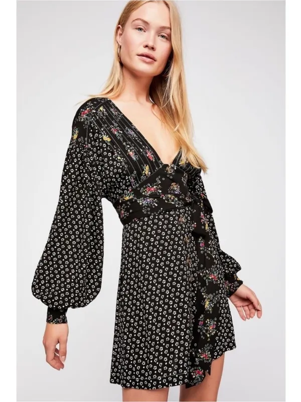 FREE‎ PEOPLE Wonderland Mini Dress Black Floral Mixed Pattern Tie Waist - Image 2