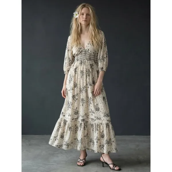 Free People Bohemian Billowy Ethereal Floral Golden Hour Maxi Dress Ivory Large - Image 4