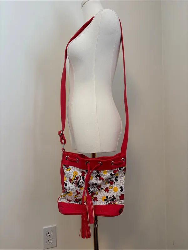 Disney Red Floral Mickey Drawstring Crossbody Bag - Image 2