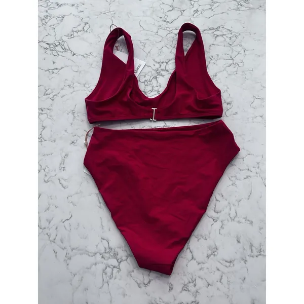 NWT Quince Cherry Red Italian Plunge Bikini Top & High Rise Hight Leg Bottom Set - Image 2