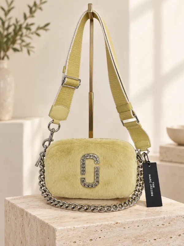 Marc Jacobs Luxe Snapshot Yellow Faux Fur Camera Bag Crystal Logo NWT - Image 8