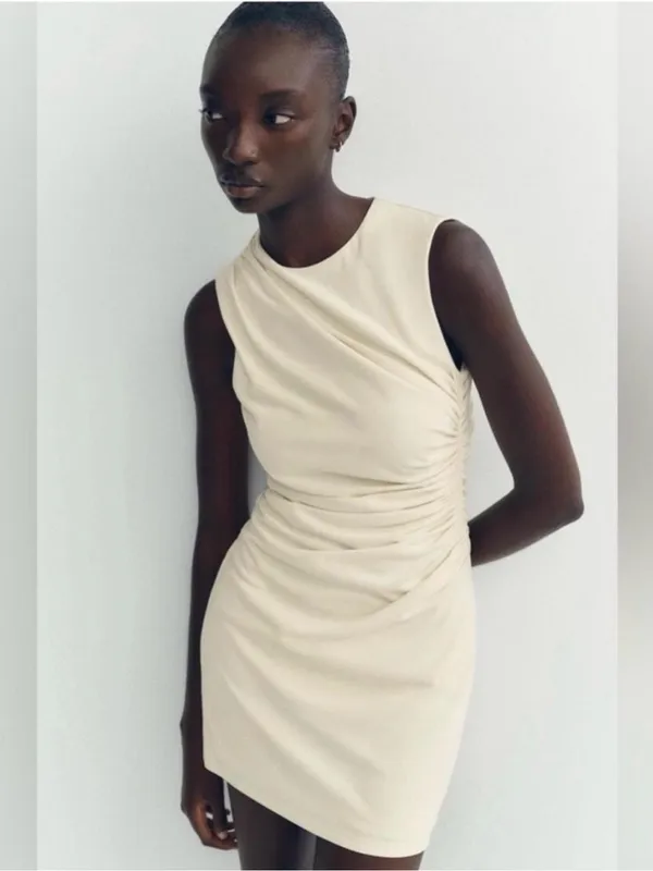 Zara Cream Sleeveless Ruched Mini Dress - Image 3