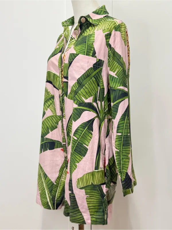 Farm Rio Pink Banana Leaves Linen Jumpsuit Small Long Sleeve Tropical Vacay Chic - Image 9