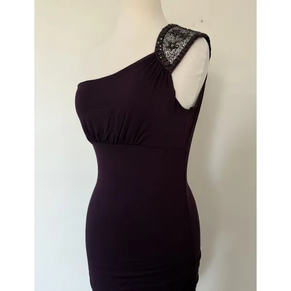 NWT Body Central Y2K Purple Beaded One Shoulder Lightweight Luxe Mini Dress Sz M - Image 4