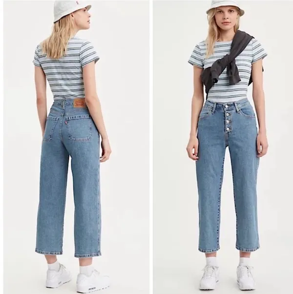 Levis Mile High Cropped Wide Leg Blue Button Fly Jeans Size 28 - Image 12