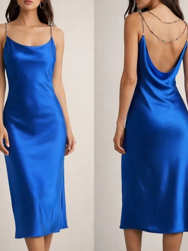 Satin Cobalt Blue Maxi Slip Dress with Chain Straps - Image 2