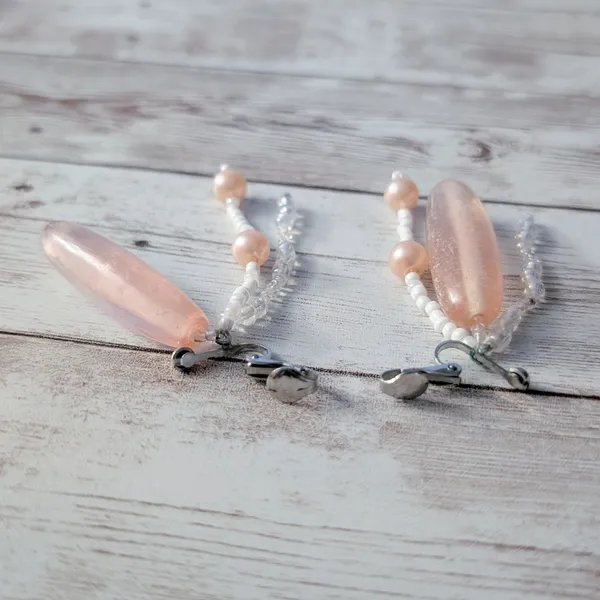 Vintage Clip On Earrings Peachy Pink Dangle - Fair Condition - Image 4