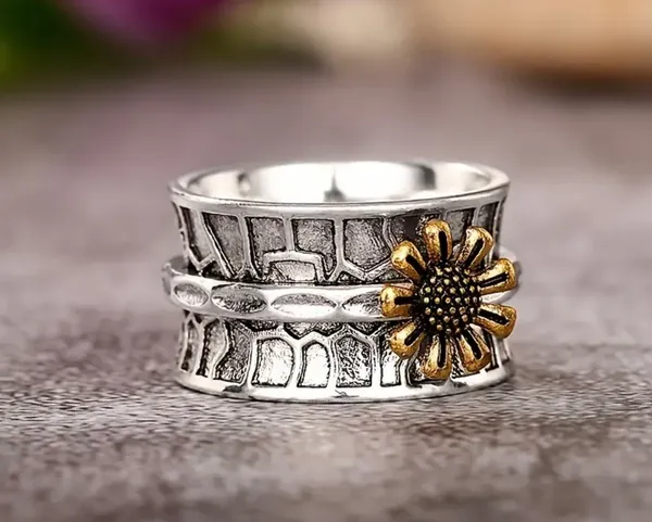 Boho Chic Retro Sunflower Ring for Ladies -Wide Band Size 7 - Image 4