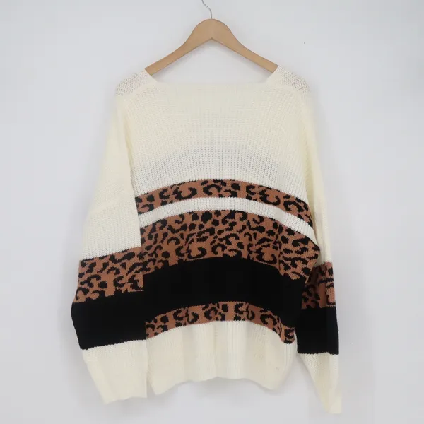Shein Curve 2XL Leopard Print Colorblock V-Neck Sweater White Black Brown - Image 4