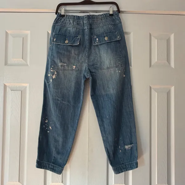 Free People Pacific Blue Paint Splatter Distressed‎ Denim Joggers XS NWT - Image 4