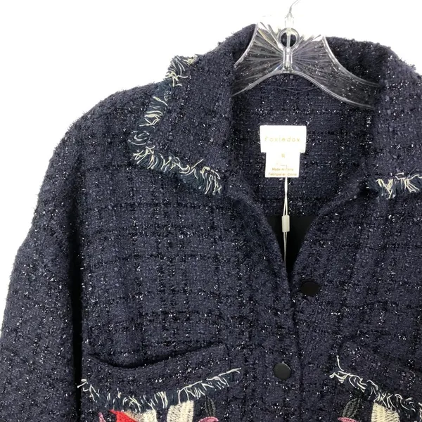 Foxiedox Floral Embroidered Fringe Tweed Jacket Dark Blue Women's Size Medium - Image 8