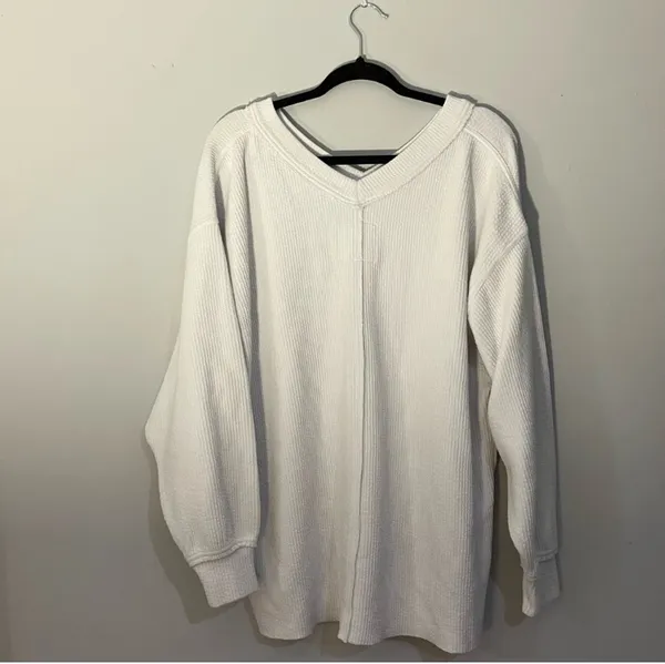 Aerie Wonder Textured V-Neck Sweatshirt Pullover Size: M - Image 3