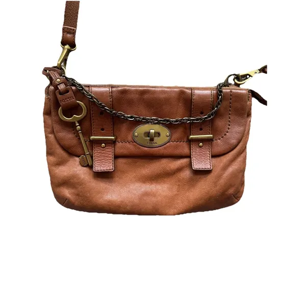 Fossil Issue 54 Brown Leather Messenger Bag‎ Crossbody Charm Satchel Chain Purse - Image 2