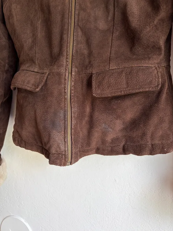 Y2K leather suede bomber jacket with fuzzy lining size small Brown - Image 2