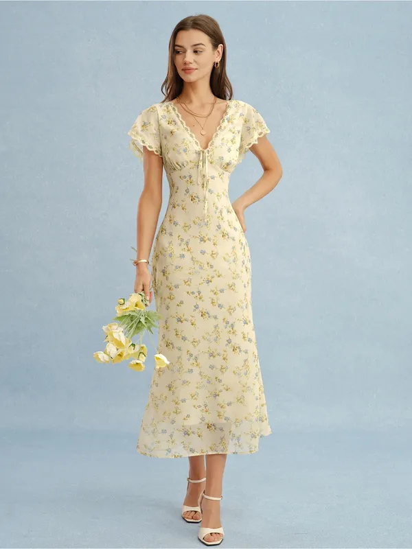 Rihoas Yellow V Neck Lace Floral Maxi Dress - Image 4