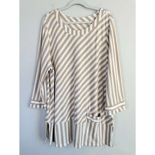 Soft Surroundings Women's Beige White Stripe Glorieta Tunic Crew Neck Size 2X‎ - Image 3