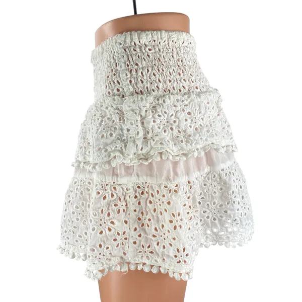 Women's White Floral Eyelet Embroidery Tiered Ruffled Mini Flare A-Line Skirt S - Image 3