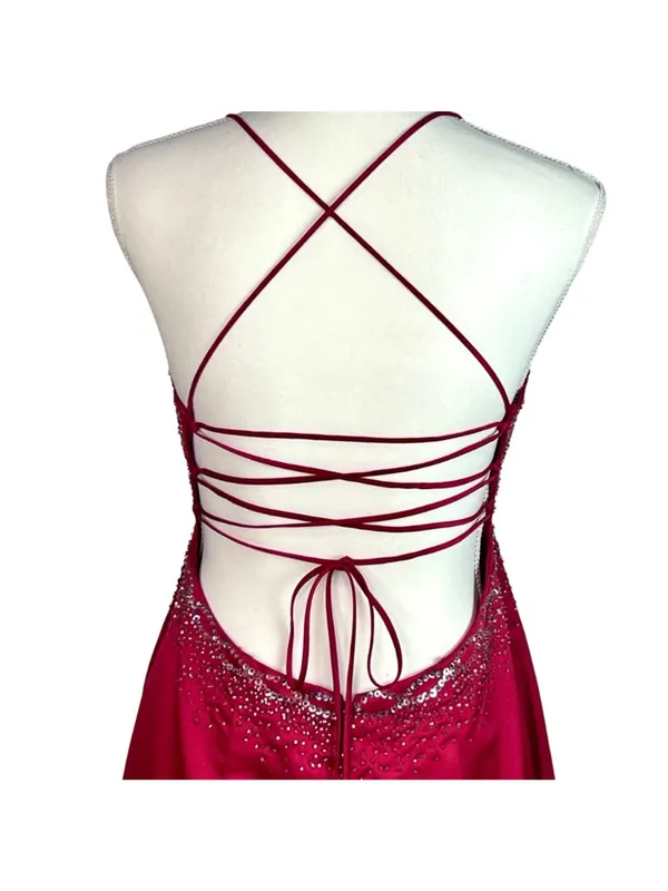 Dave & Johnny VTG Red A-Line Satin Corset Beaded Gown 9/10 Strappy Prom Vampire - Image 8