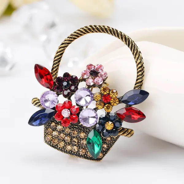 Women's Crystal Flower Floral Basket Brooch Pin - Image 2