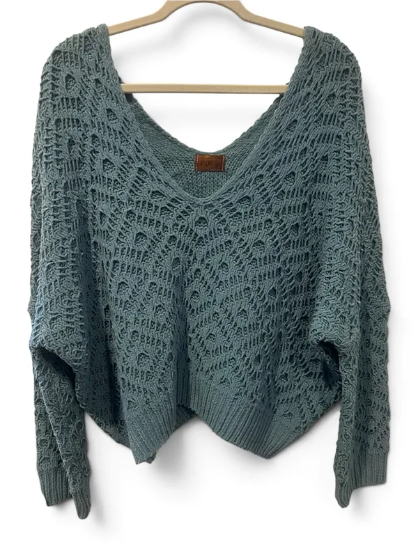 POL S Oversized V-Neck Knit Sweater in Teal - Image 2