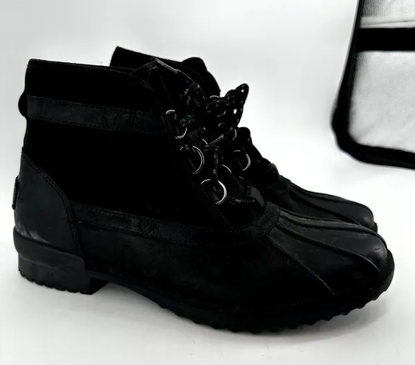 UGG Greda Waterproof Duck Boots Lace Up Suede Leather Heeled Winter Black 9.5 - Image 3
