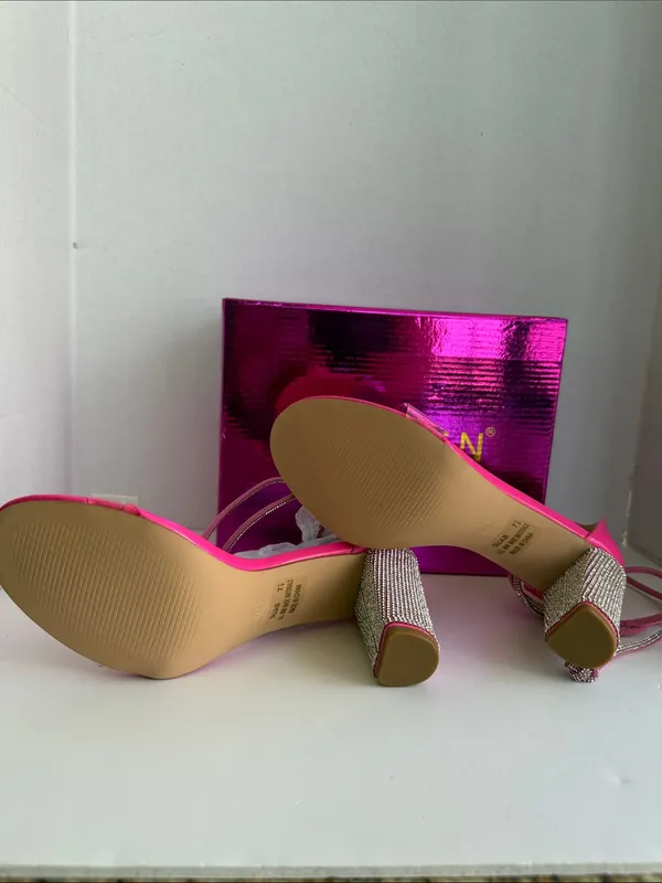 KAYLEEN By Los Angeles Hot Pink Rhinestone Block Heel Sandals - Style Talla - Image 6