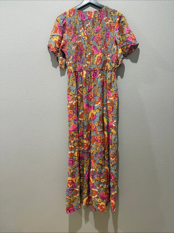 Bright Fushia Floral Print Short Sleeve Smocked Top Tiered Maxi Dress Size L - Image 4