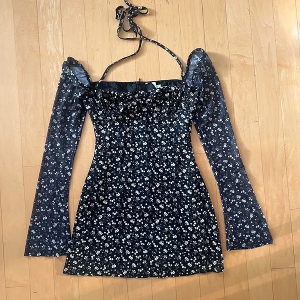 Princess Polly dyer sheer long sleeve black and yellow floral dress - Image 2