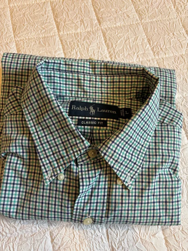 Ralph Lauren Short Sleeve Green and white Checkered button-up shirt Size L - Image 8