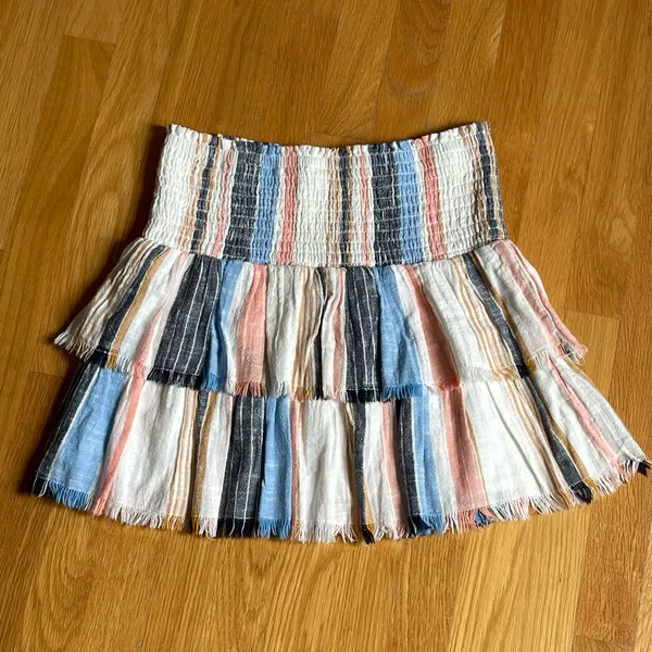 NWT Aerie Women’s Tiered Mini Skirt Size Small Striped Smocked Waist Boho Fringe - Image 3