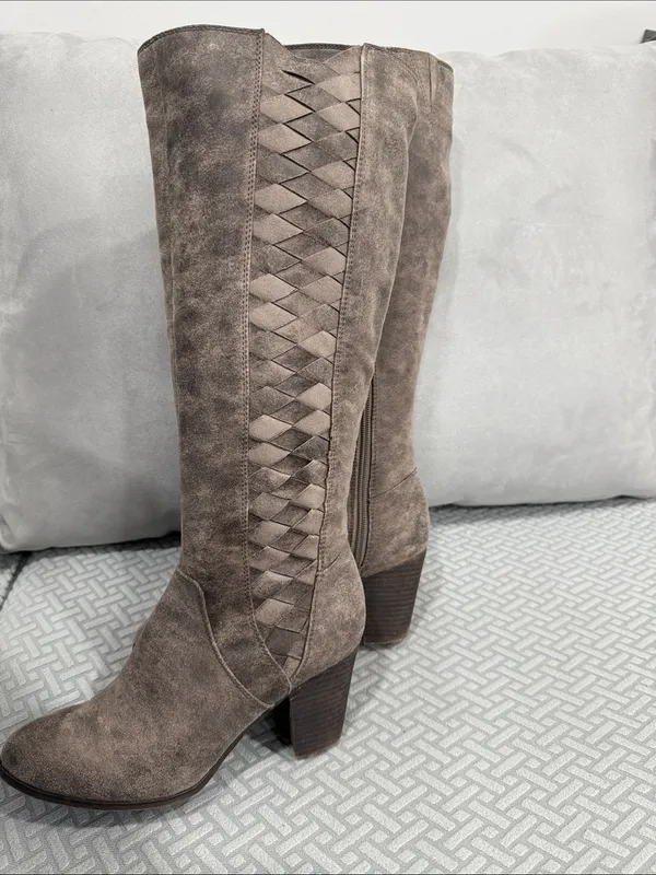 Fergalicious Taupe Suede Over-the-Knee Woven-Panel Boots Size 7.5 - Image 6