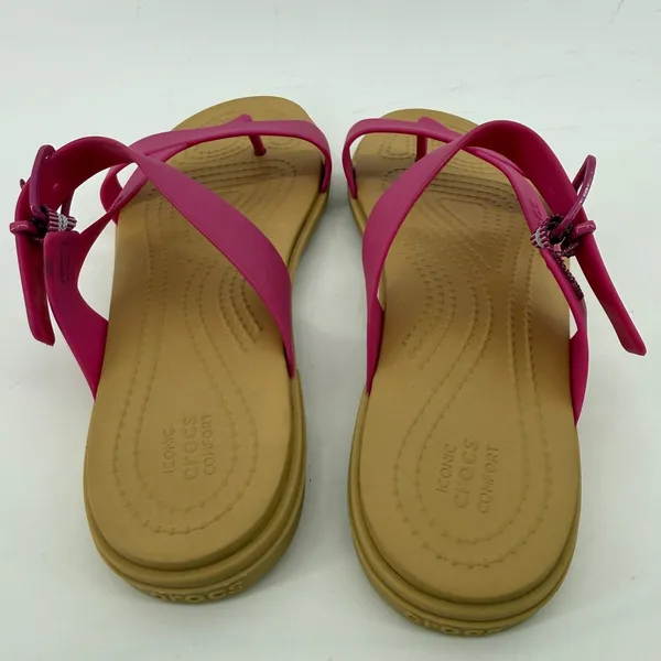 Crocs Tulum Toe Post Sandal Flip Flop Fuchsia Pink Tan Women 8 Buckle Straps - Image 4