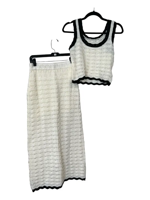 Commense Crochet Knit Crop Top Midi Skirt Set White Black Small NWT - Image 3